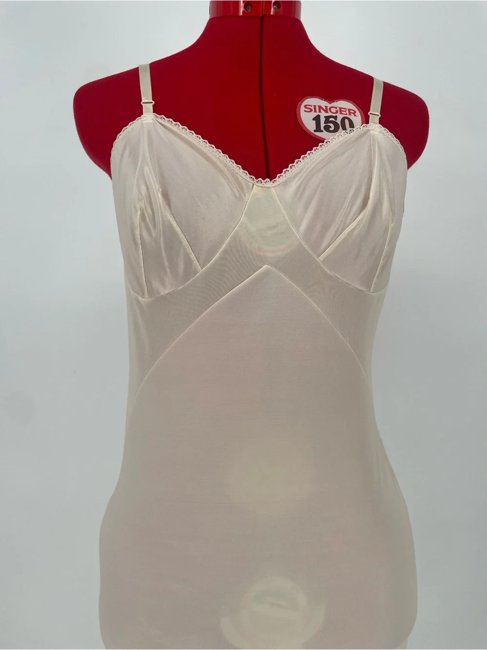 Vintage Cream Nude 100% Nylon Midi Length Full Slip Dress W/ Waist Panels - Picture 5 of 12